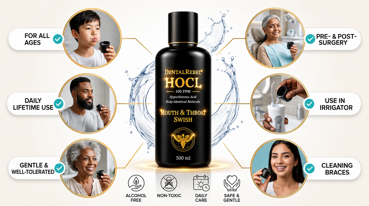 DentalRebel® HOCL Mouth&Throat Swish™ Pure hypochlorous acid with selective cleanup power made for oral care